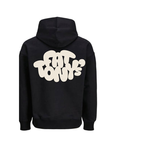 Fat Tony's Hoodie — Black, back with cream logo print