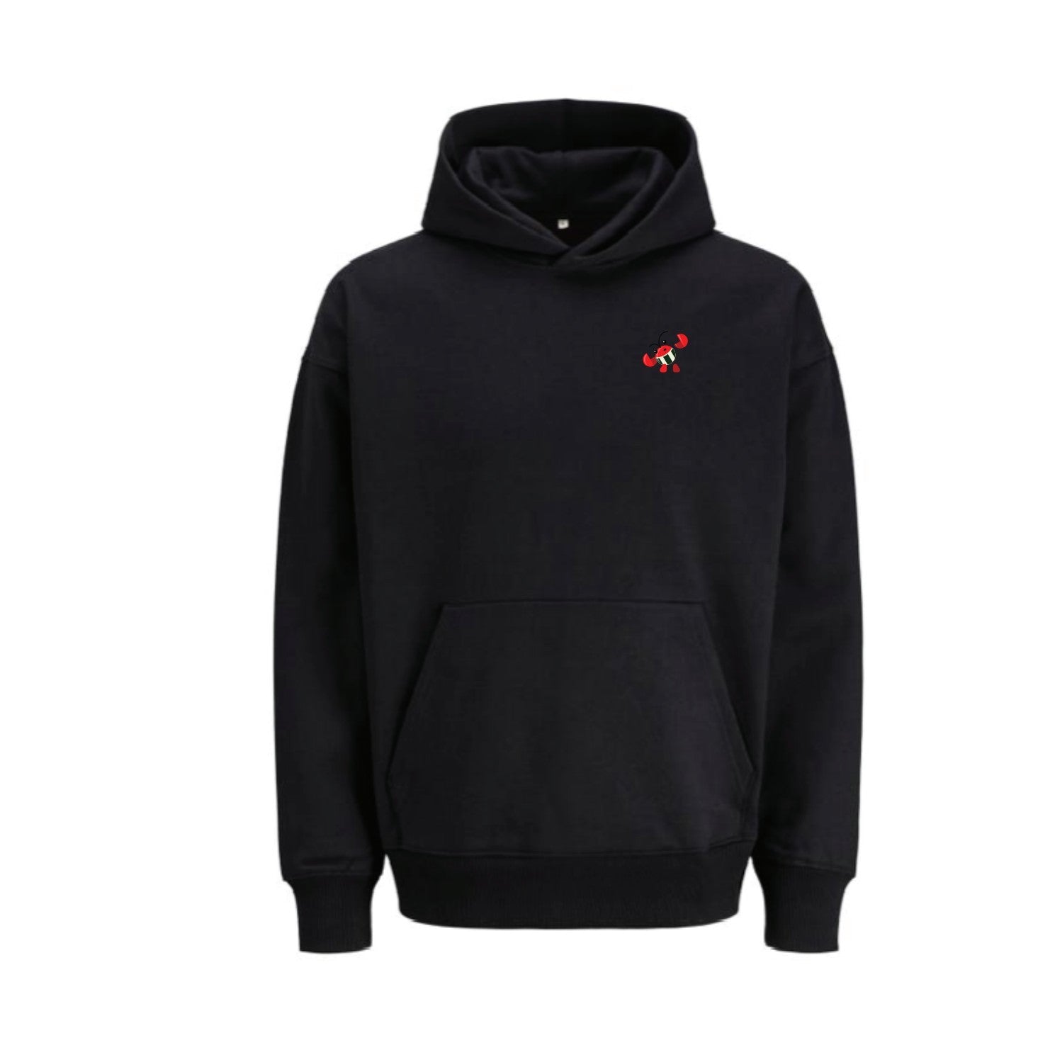Fat Tony's Hoodie — Black, front with lobster chest print